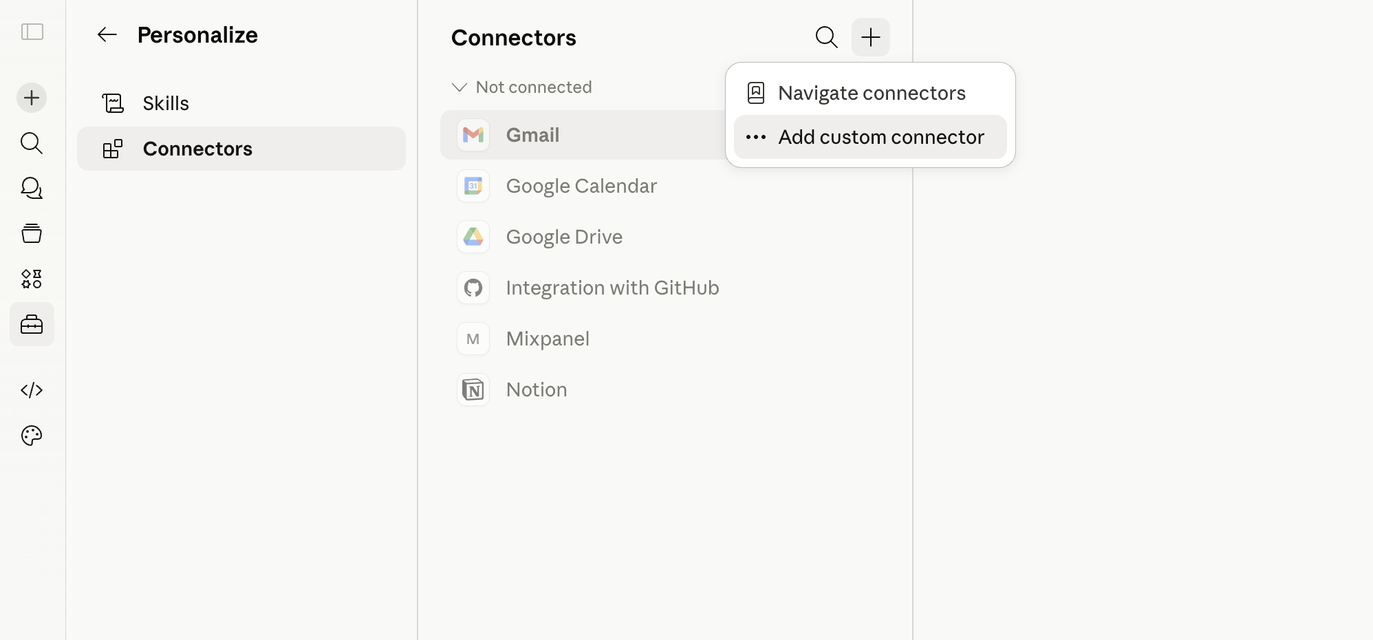 Claude Desktop Connectors panel with the Add custom connector option in the + menu