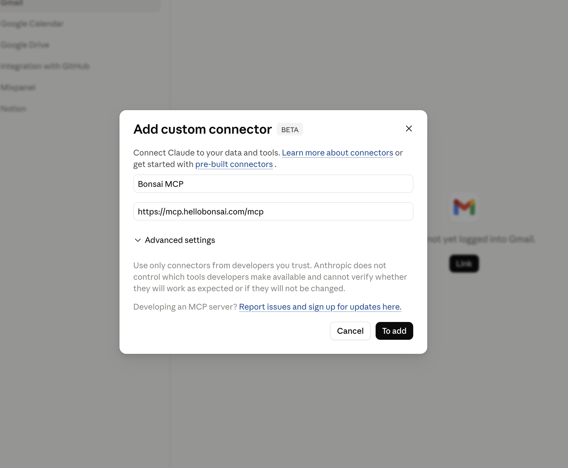 Add custom connector dialog with Bonsai MCP name and the MCP server URL filled in