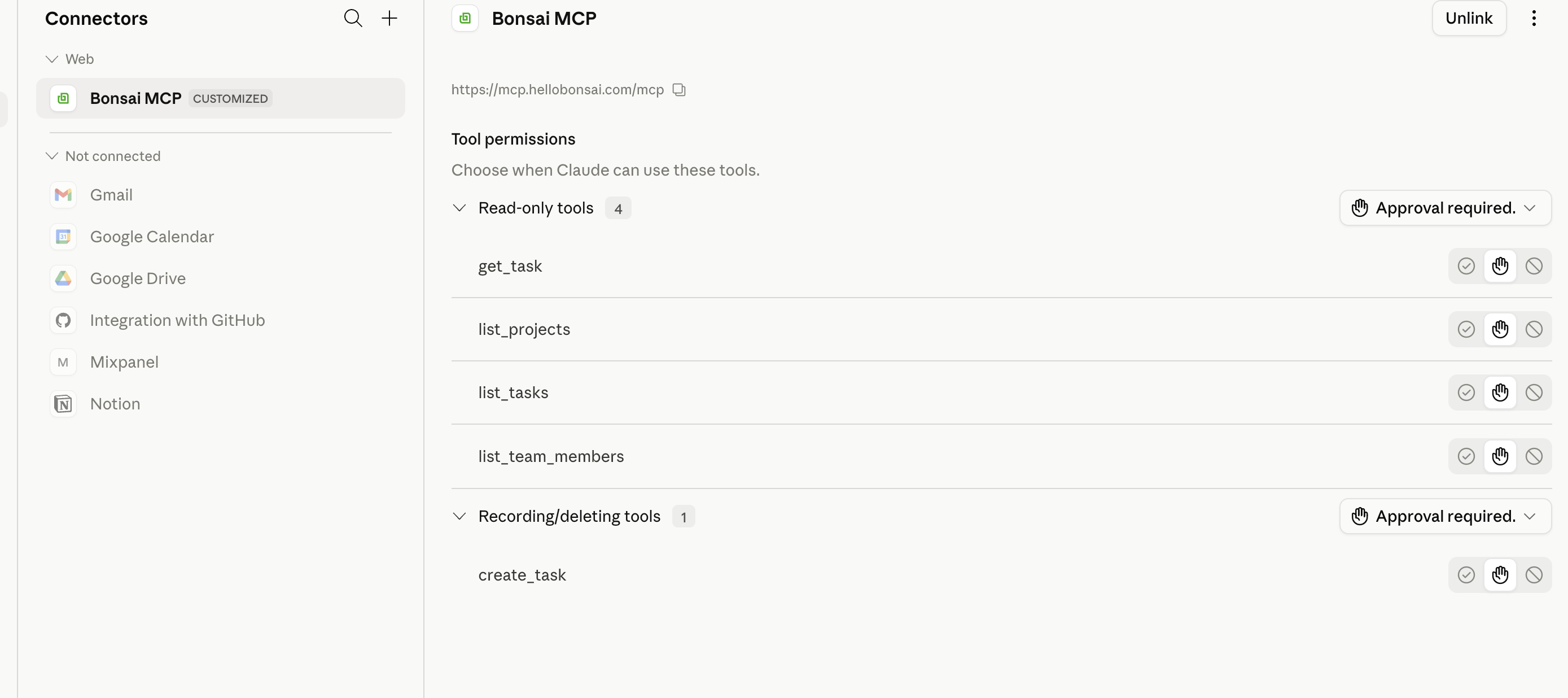 Connected Bonsai MCP connector showing the tool permissions list in Claude Desktop